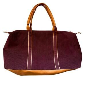 Maroon Corduroy Tan Faux Leather Weekender Bag with Adjustable Shoulder Strap